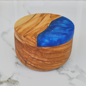 Olive Wood and Blue Swirl Resin Salt Cellar